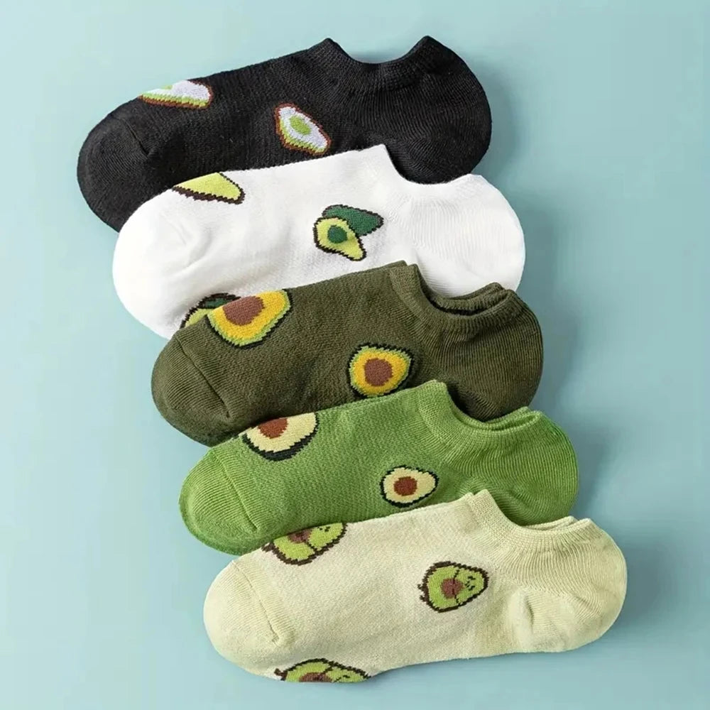 5 Pairs Polyester Avocado Pattern Low Cut Ankle Socks For Women