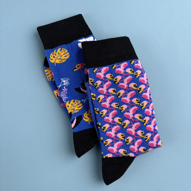 Cotton Blend Flamingo Print Mid Calf Casual Socks - 4