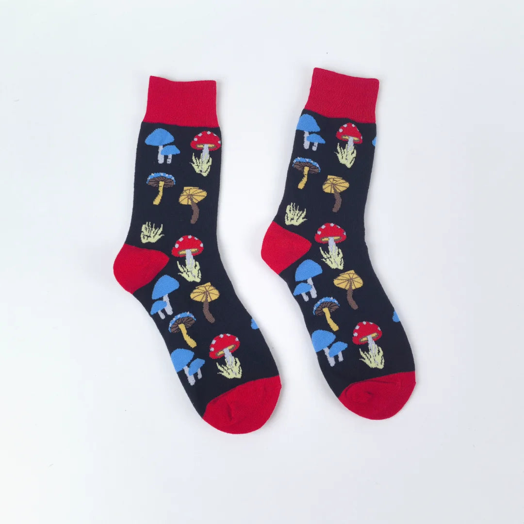 Colorful Mushroom Printed Cotton Blend Crew Socks