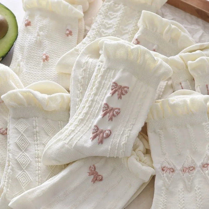 Polyester Elastane Floral Pattern Lolita Style Mid Tube Socks - 4