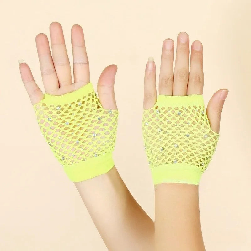 Nylon Elastane Rhinestone Fishnet Fingerless Gloves