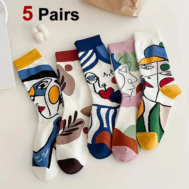 5 Pairs Polyester Spandex Crew Socks Cartoon Art Print
