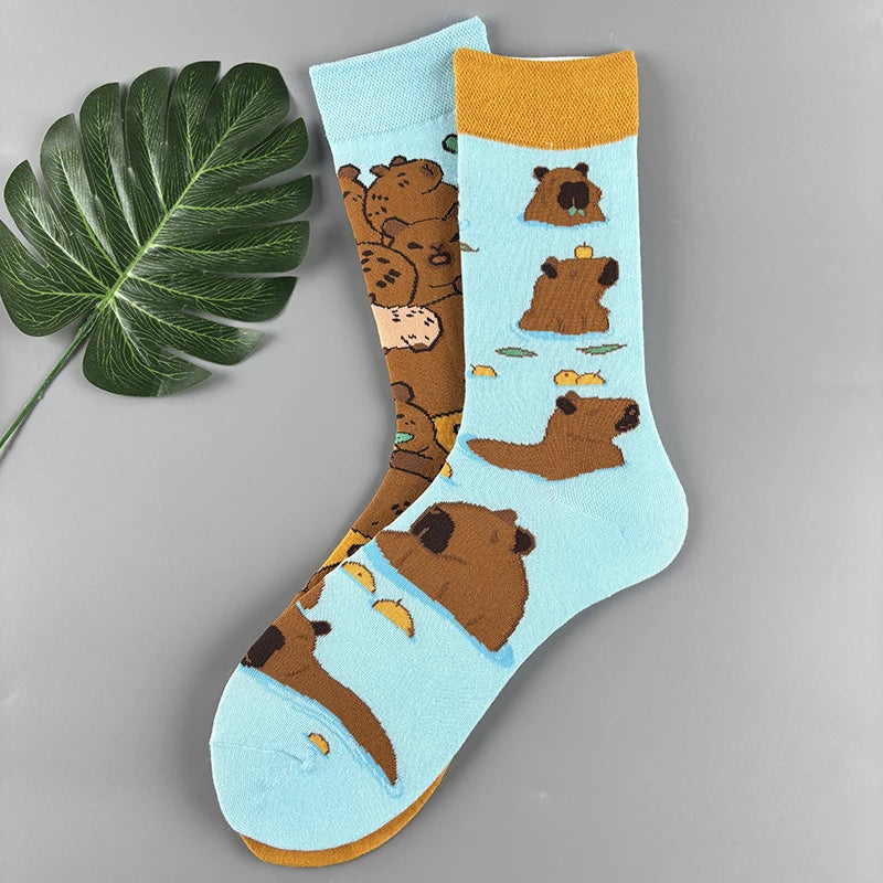 Cotton Blend Capybara Print Mid Calf Socks