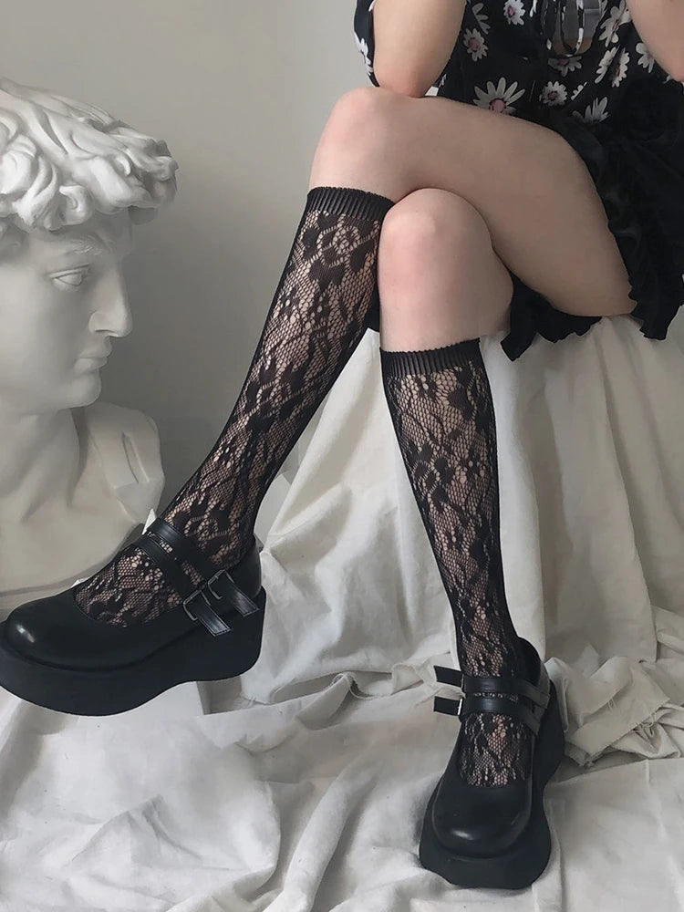Floral Lace Calf Socks Women Nylon Knit Hosiery