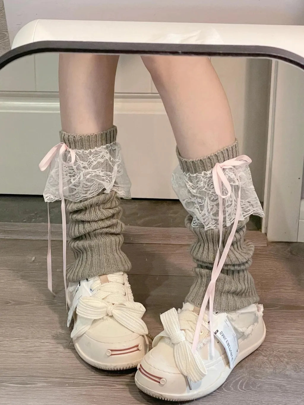 Acrylic Knitted Lace Bow Leg Warmers