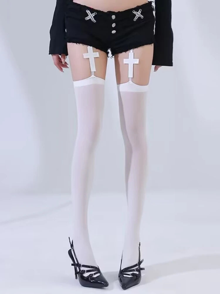 Nylon Polyester Cross Design Garter Tights - 4