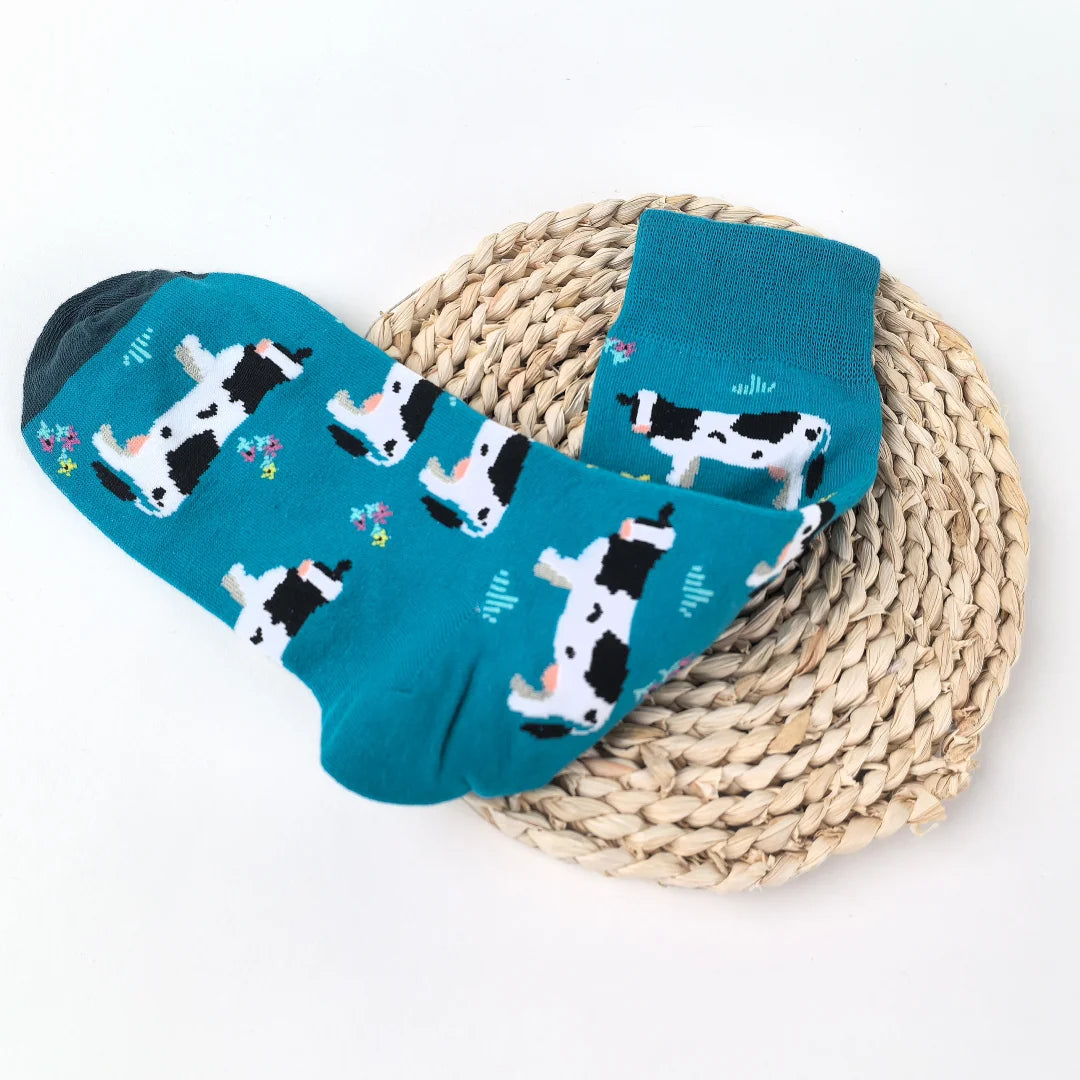 Cotton Blend Cow Pattern Unisex Crew Socks - 8