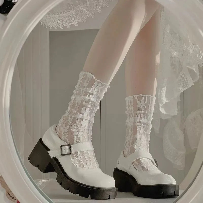 3 Pairs Floral Lace Women Casual Crew Socks
