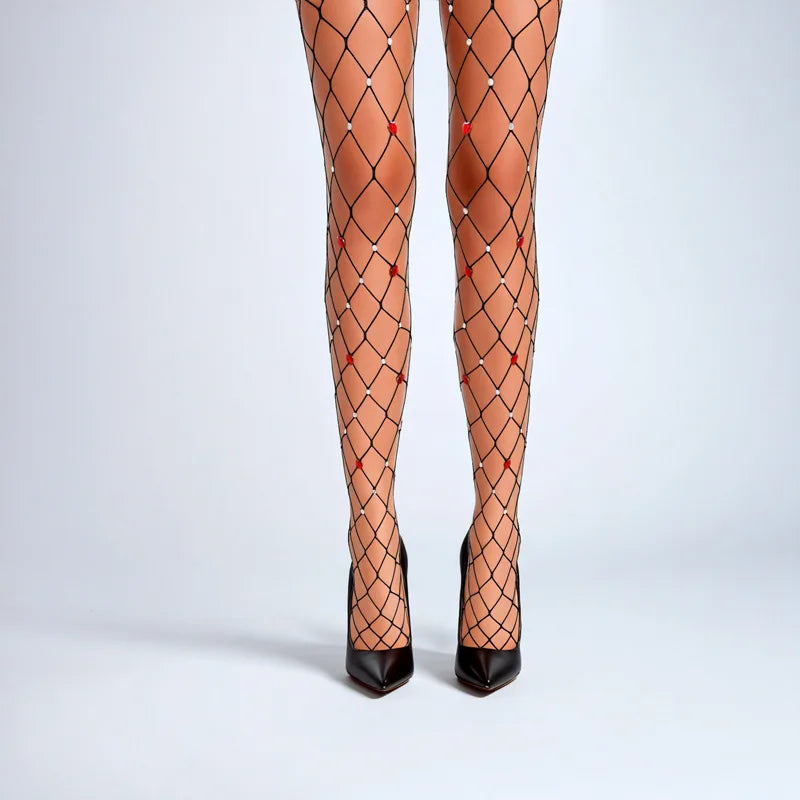 Nylon Heart Rhinestone Fishnet Stockings - 7