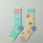 Cotton Blend Sun and Rainbow Print Mid Tube Casual Socks
