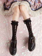 Nylon Lolita Lace Ruffle Knee High Socks with Bows