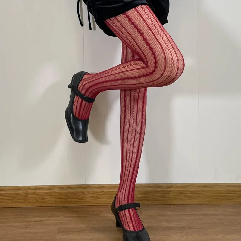 Red Nylon Striped Fishnet Tights for Women