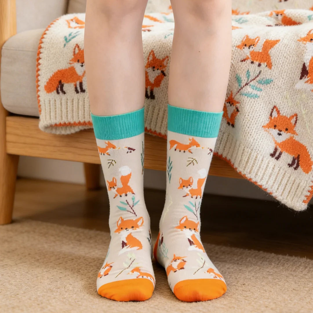 Cotton Blend Fox Pattern Casual Mid Tube Socks - 1