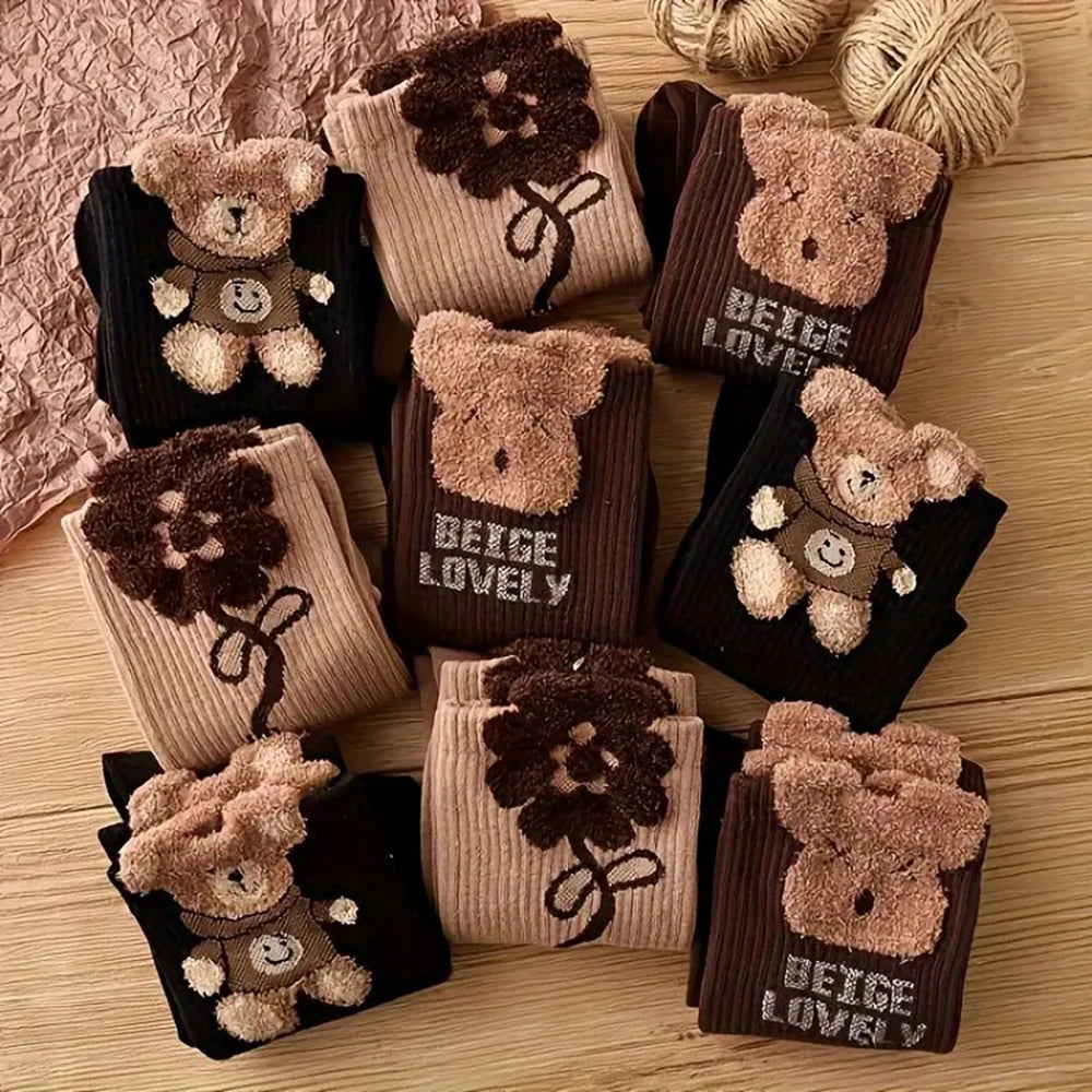 Polyester Elastane Cartoon Bear Pattern Mid Tube Socks 3 Pairs - 7