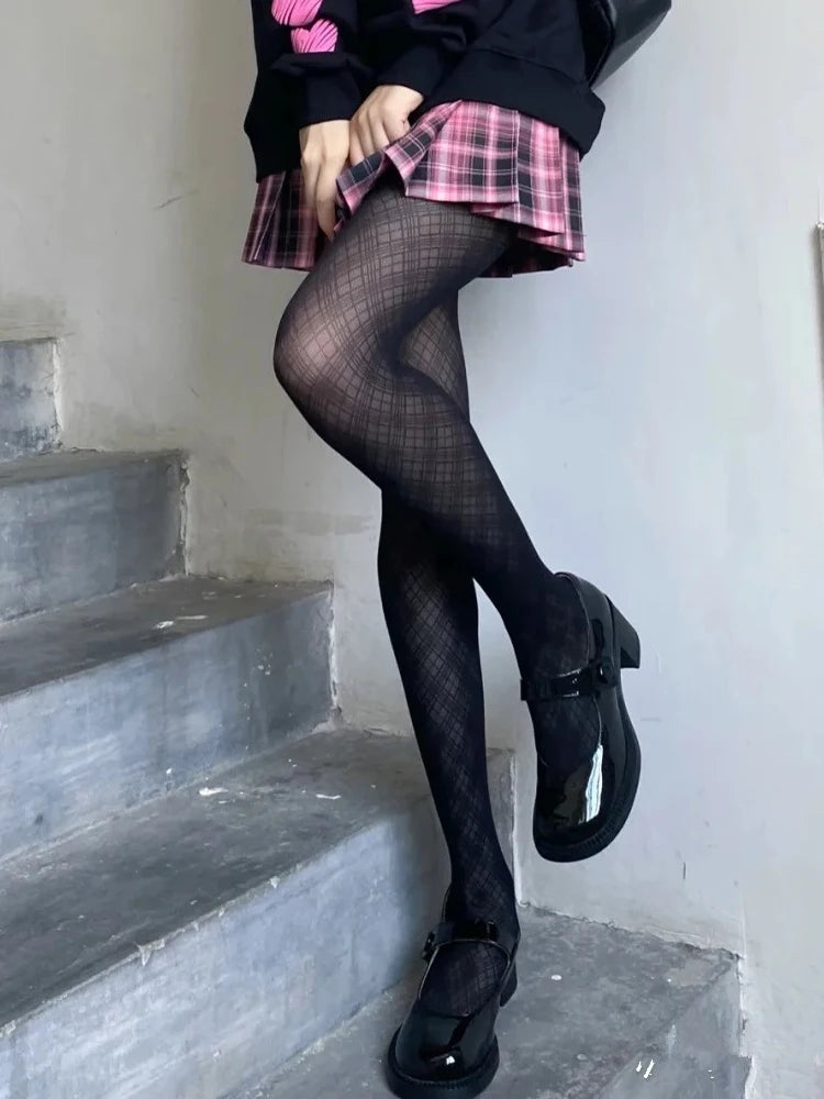 Black Plaid Pattern Polyester Elastane Womens Tights
