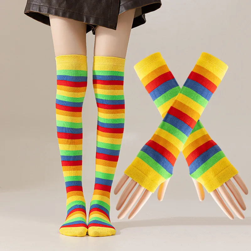 Striped Polyester Thigh High Socks and Arm Warmer Set