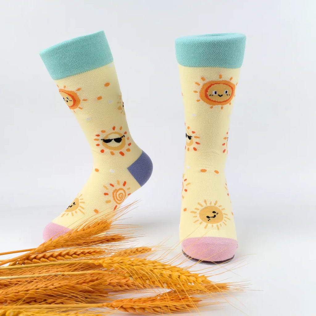 Cotton Blend Cartoon Sun Print Mid Calf Crew Socks