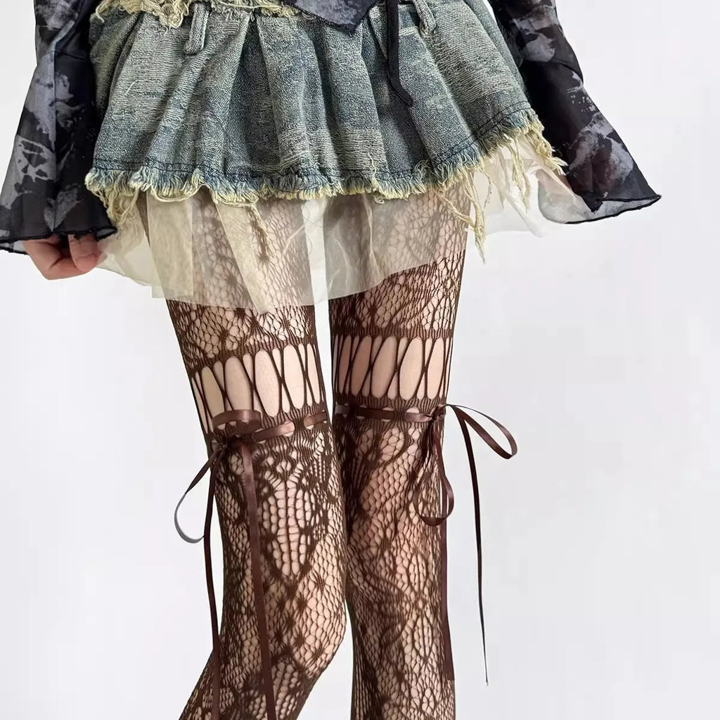 Nylon Bowknot Mesh Hollowed Out Pantyhose