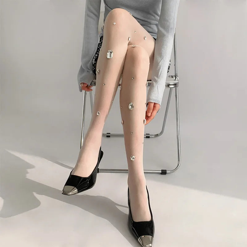 Rhinestone Embellished Nylon Elastic Tights - 3