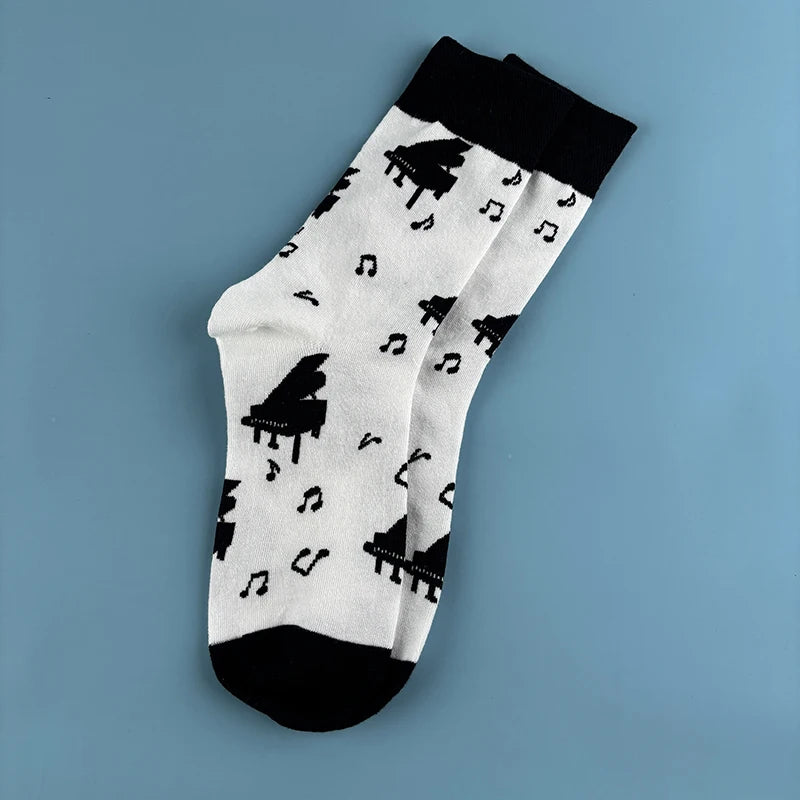 Cotton Blend Music Print Crew Socks - 8