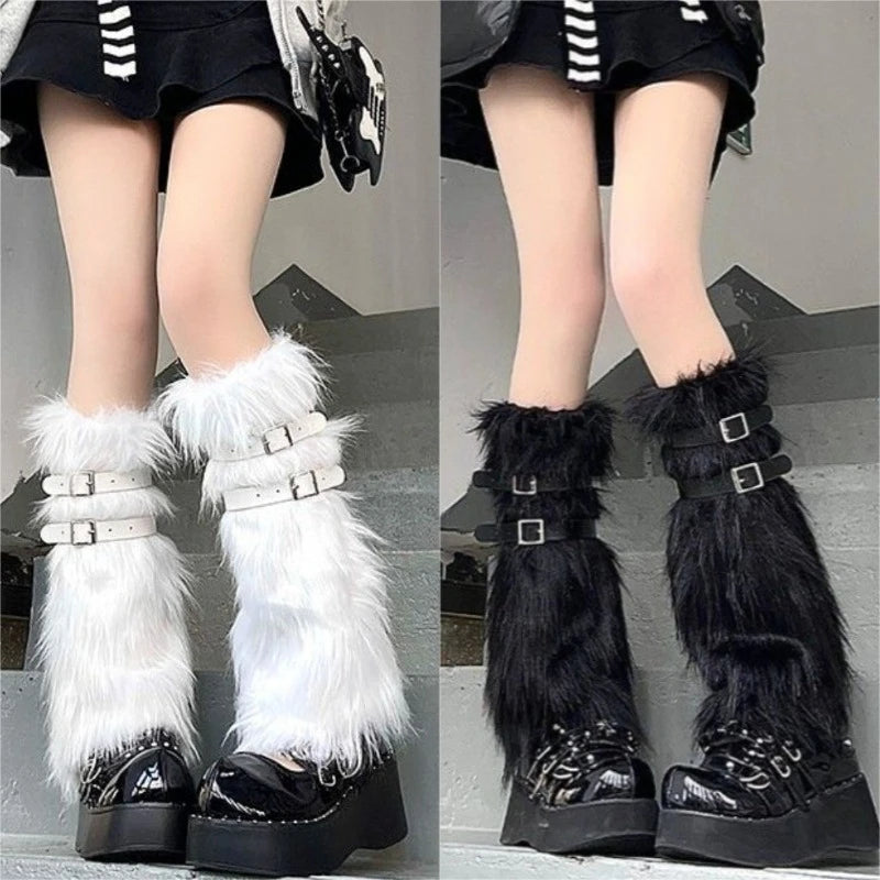 Faux Fur Leg Warmers With Buckle Straps