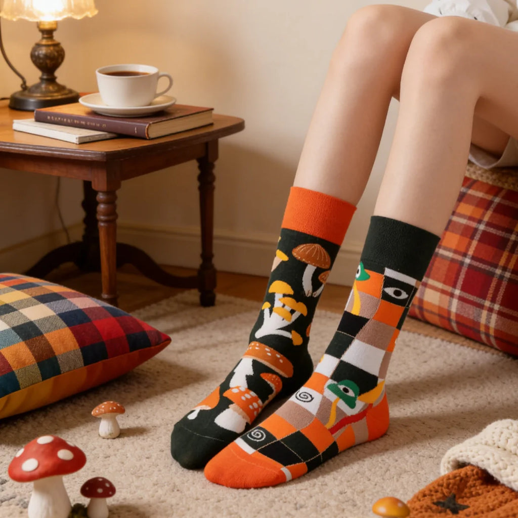 Cotton Blend Mushroom Print Mid Tube Casual Socks