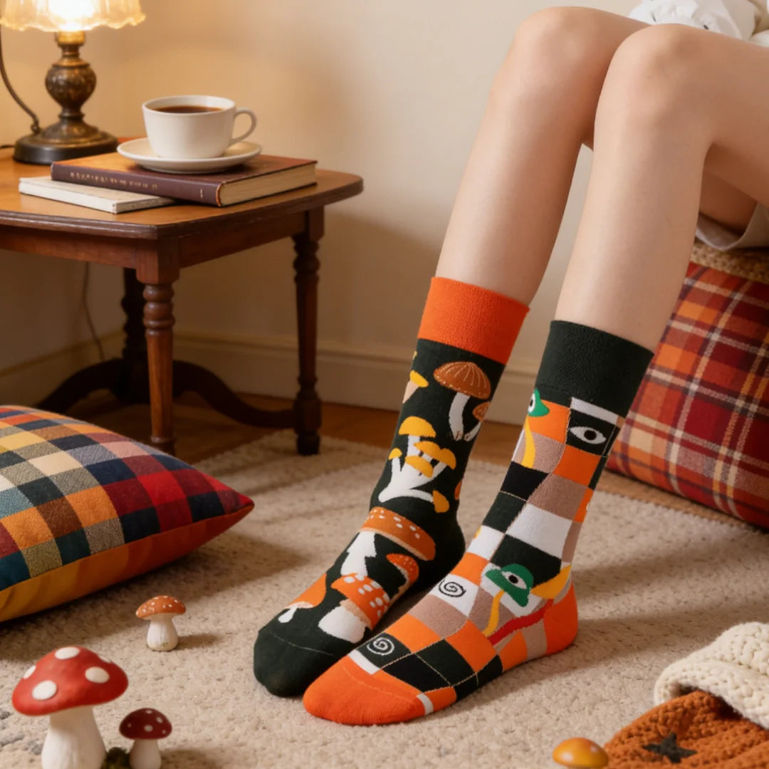 Cotton Blend Mushroom Print Mid Tube Casual Socks
