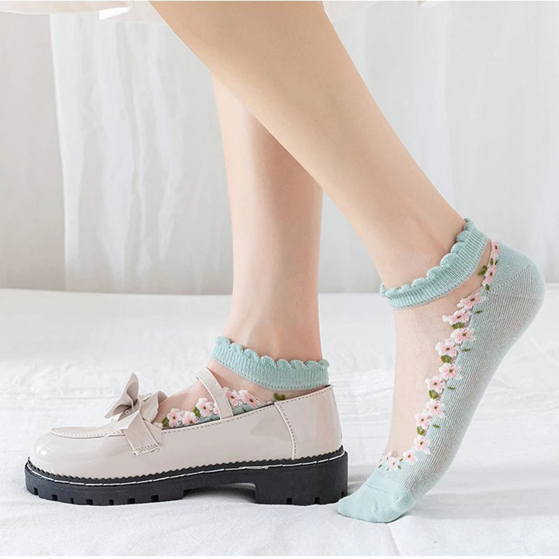 Floral Print Polyester Elastane Low Tube Casual Socks 7 Pairs - 4
