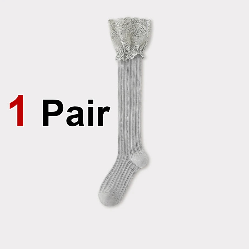 Polyester Spandex Floral Lace Hollow Knit Mid Tube Casual Socks
