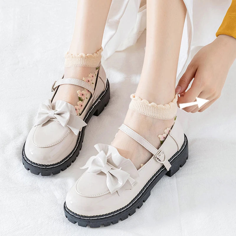 Floral Print Polyester Elastane Low Tube Casual Socks 7 Pairs