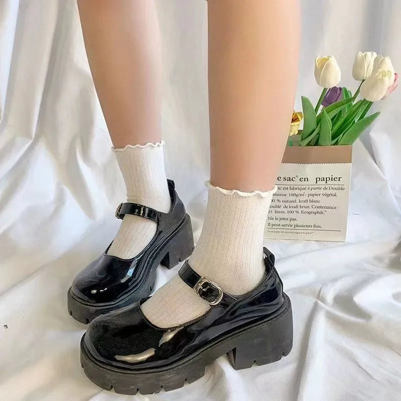 Polyester Elastane Ruffle Trim Mid Tube Socks for Women