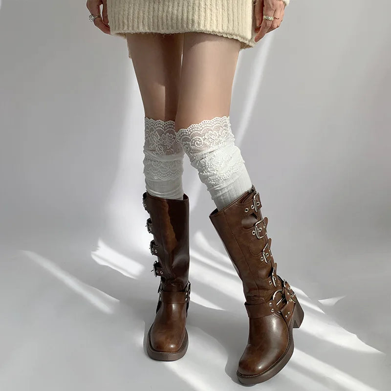Polyester Elastane Lace Knee High Stockings - 10