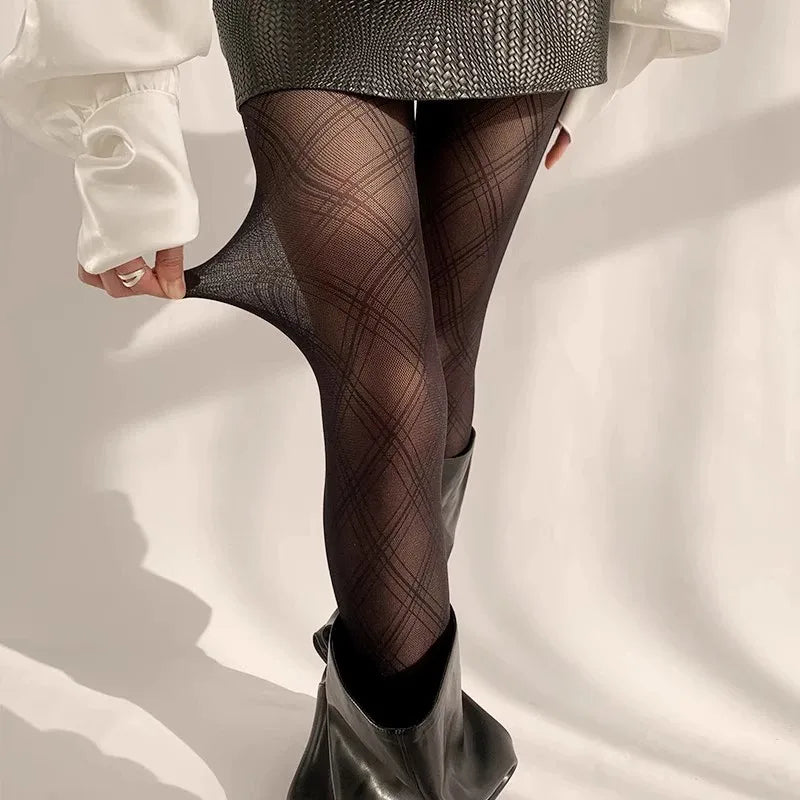 Black Plaid Pattern Polyester Elastane Womens Tights - 11