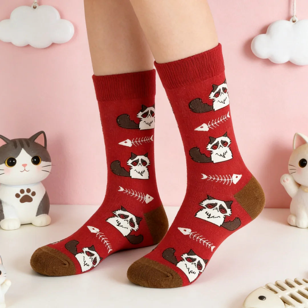 Cotton Polyester Cat Print Mid Calf Socks - 2