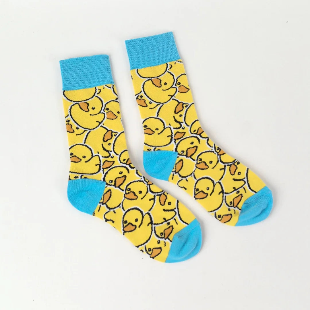 Polyester Elastane Yellow Duck Pattern Mid Calf Socks - 8