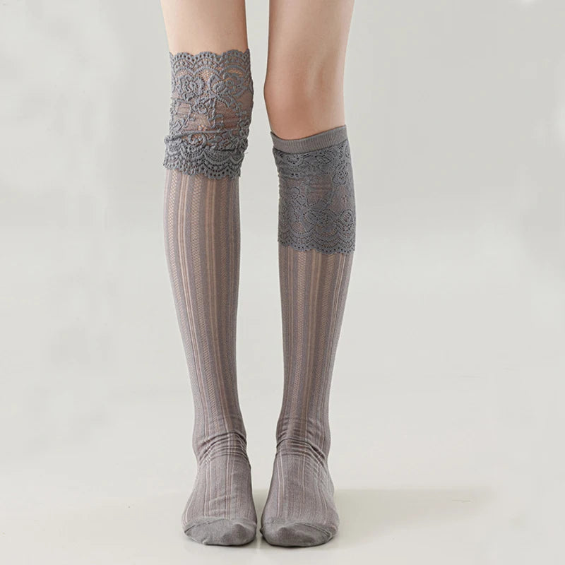 Polyester Spandex Floral Lace Hollow Knit Mid Tube Casual Socks - 3