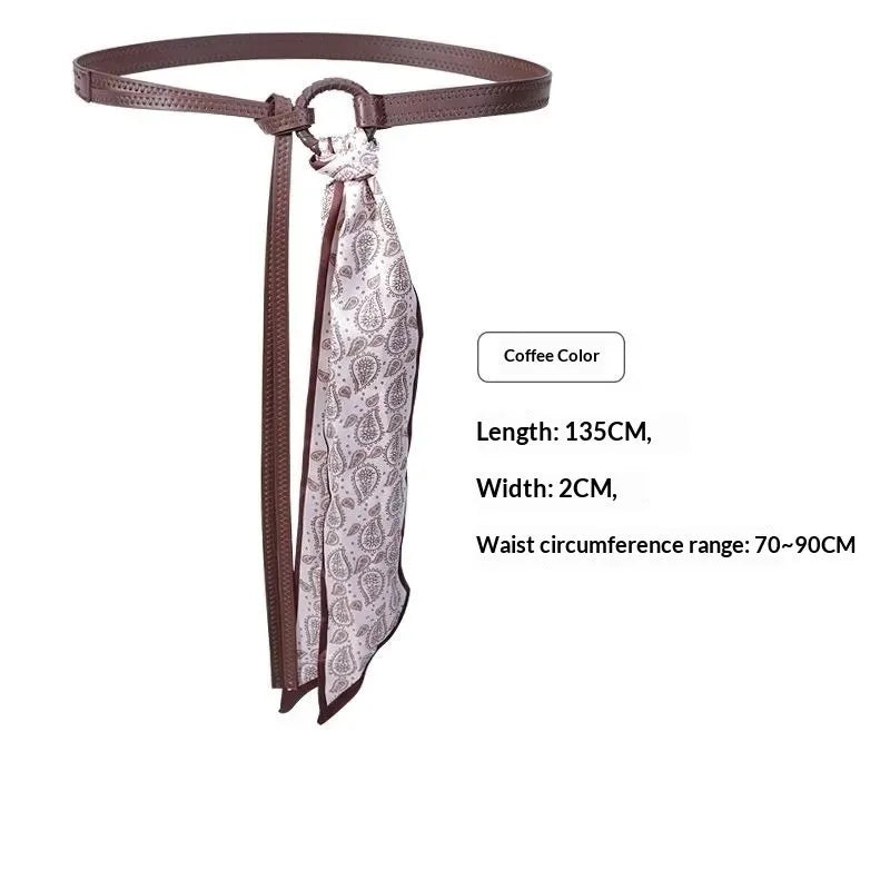 PU Leather Belt with Detachable Silk Scarf Waist Accessory