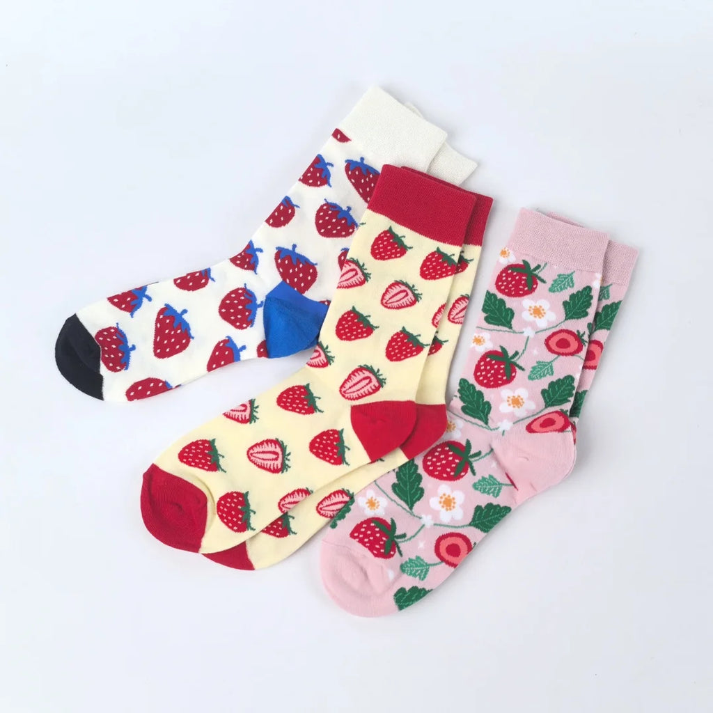 Cotton Blend Strawberry Print Mid Calf Socks