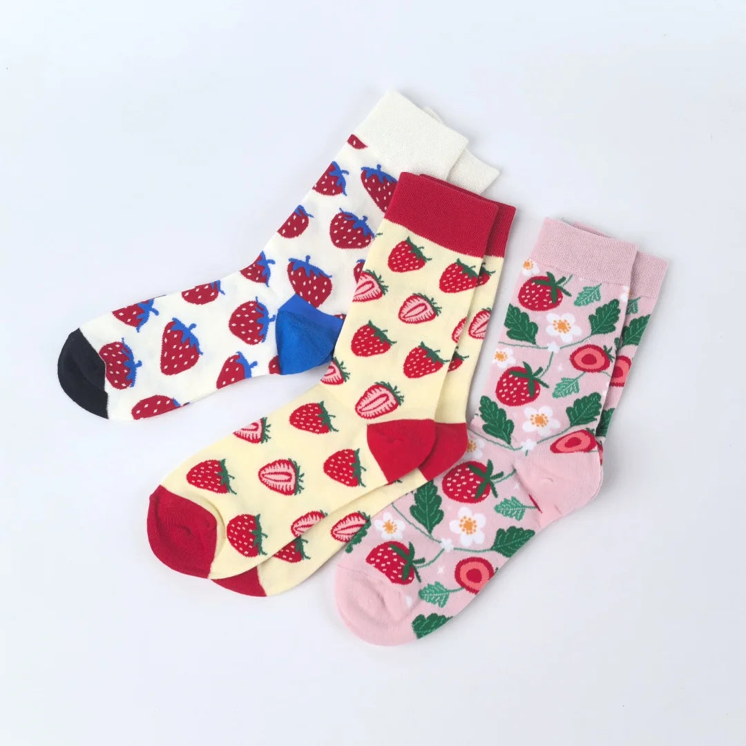 Cotton Blend Strawberry Print Mid Calf Socks