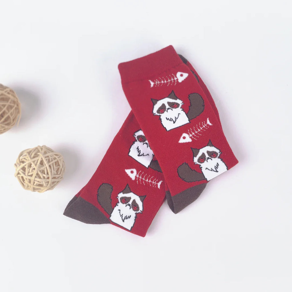 Cotton Polyester Cat Print Mid Calf Socks