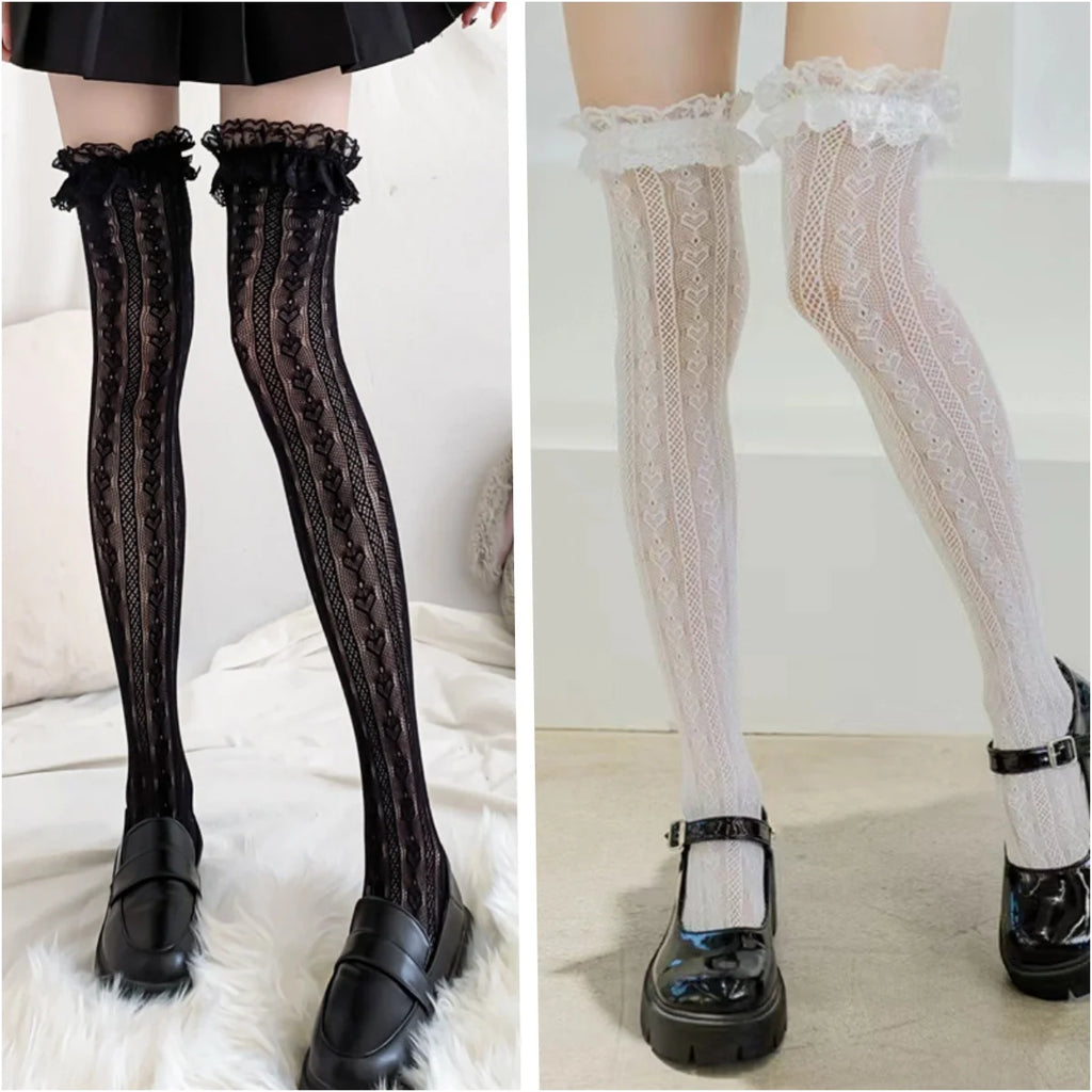 Lace Fishnet Thigh High Stockings Heart Pattern Over Knee Socks