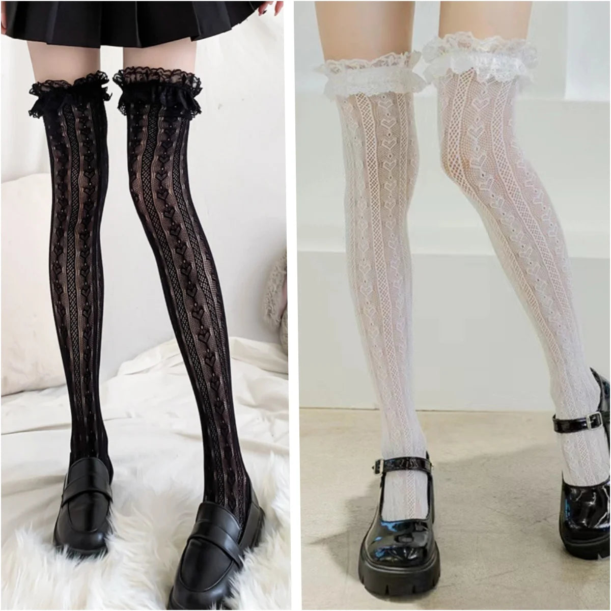 Lace Fishnet Thigh High Stockings Heart Pattern Over Knee Socks