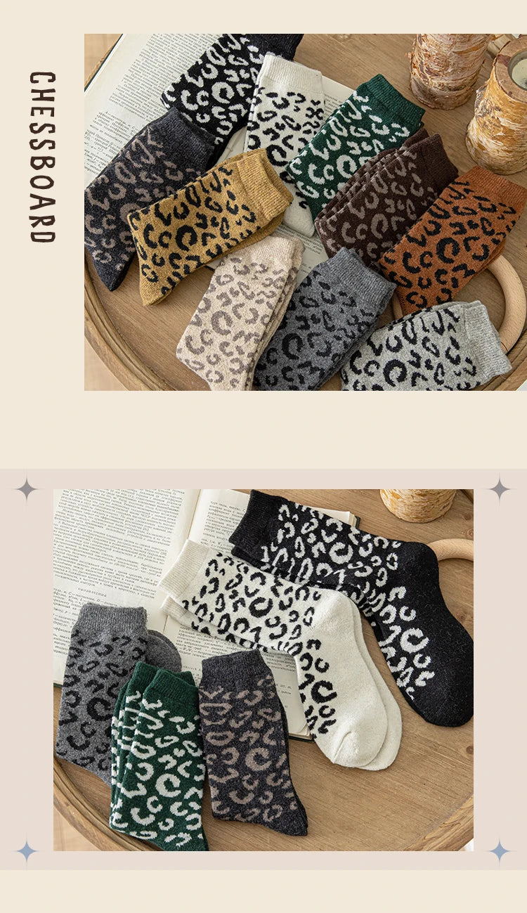 Leopard Print Wool Mid Calf Socks