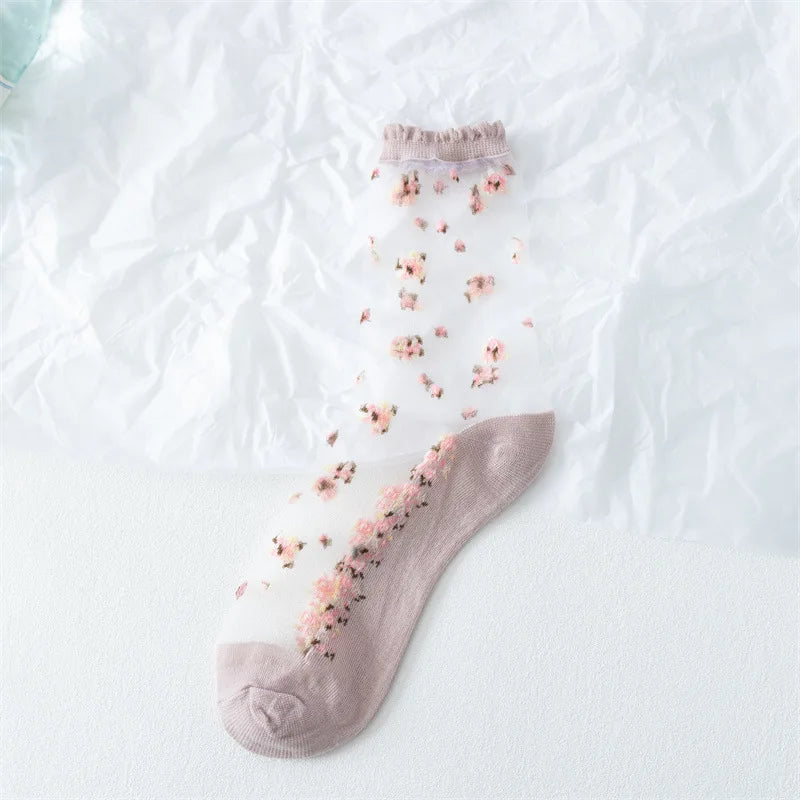 Polyester Elastane Floral Ruffle Crew Socks - 6