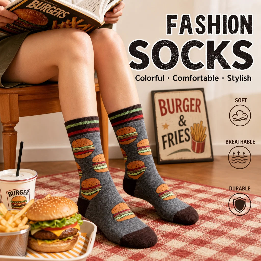 Cotton Blend Mid Calf Burger Print Unisex Socks - 6