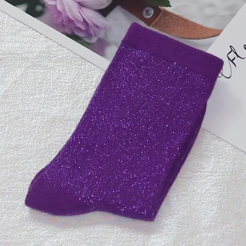Shiny Metallic Cotton Blend Mid Tube Casual Socks - 37