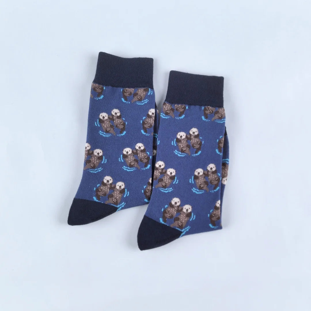 Cotton Blend Otter Print Unisex Mid Calf Socks