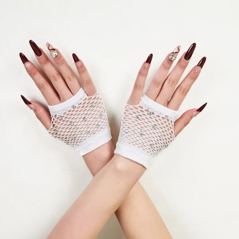 Nylon Elastane Rhinestone Fishnet Fingerless Gloves