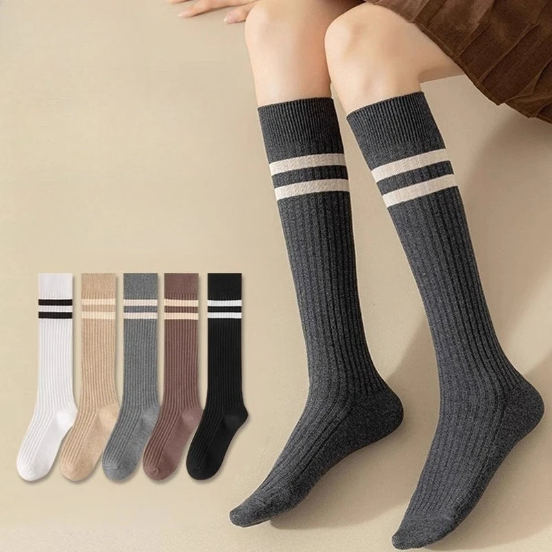Cotton Polyester Striped Knee High Casual Socks