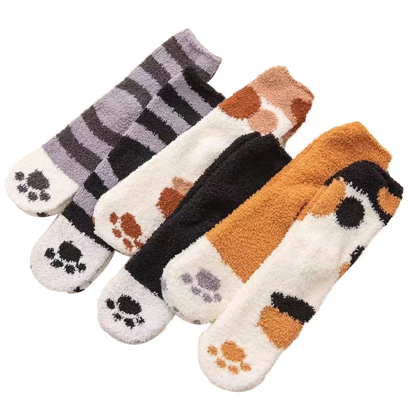 Polyester Elastane Cat Paw Pattern Mid Tube Thick Winter Socks - 7
